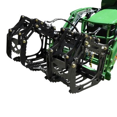 3000 Lb. John Deere Quick Attach Frame with 2 Iron Fist Sectional Grapples and 1 Rake