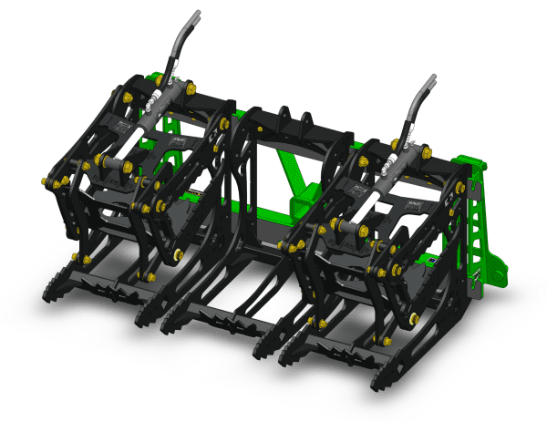 3000 Lb. John Deere Quick Attach Frame with 2 Iron Fist Sectional Grapples and 1 Rake