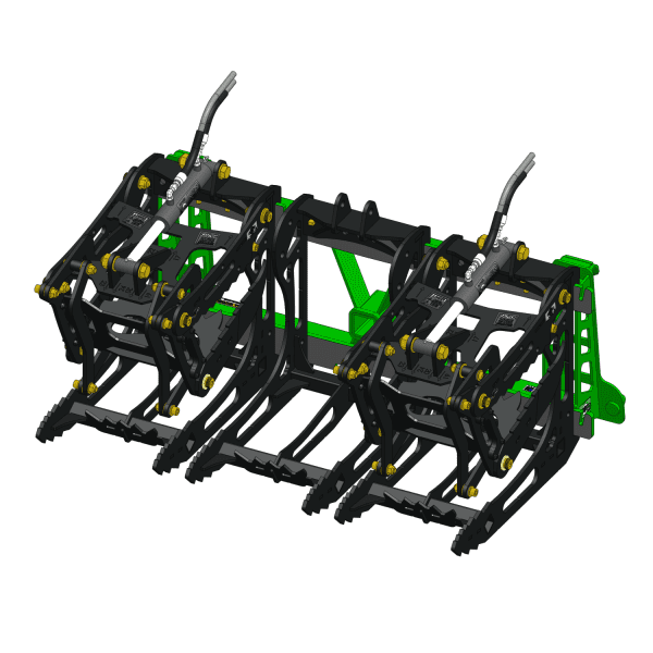 3000 Lb. John Deere Quick Attach Frame with 2 Iron Fist Sectional Grapples and 1 Rake