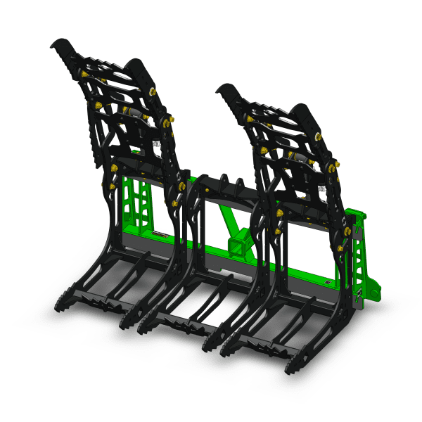 3000 Lb. John Deere Quick Attach Frame with 2 Iron Fist Sectional Grapples and 1 Rake