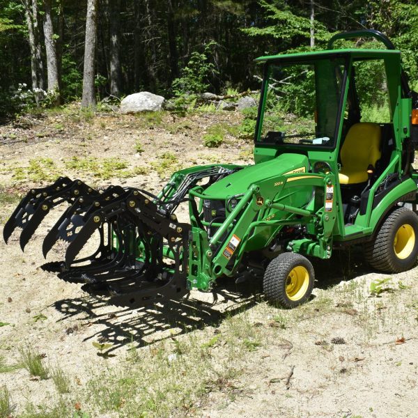 3000 Lb. John Deere Quick Attach Frame with 2 Iron Fist Sectional Grapples and 1 Rake