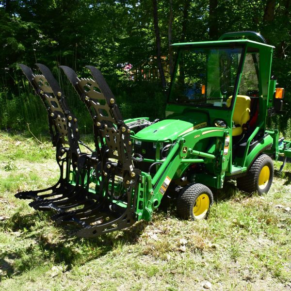 3000 Lb. John Deere Quick Attach Frame with 2 Iron Fist Sectional Grapples and 1 Rake