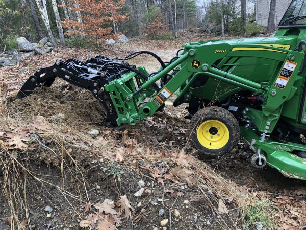 3000 Lb. John Deere Quick Attach Frame with 2 Iron Fist Sectional Grapples and 1 Rake