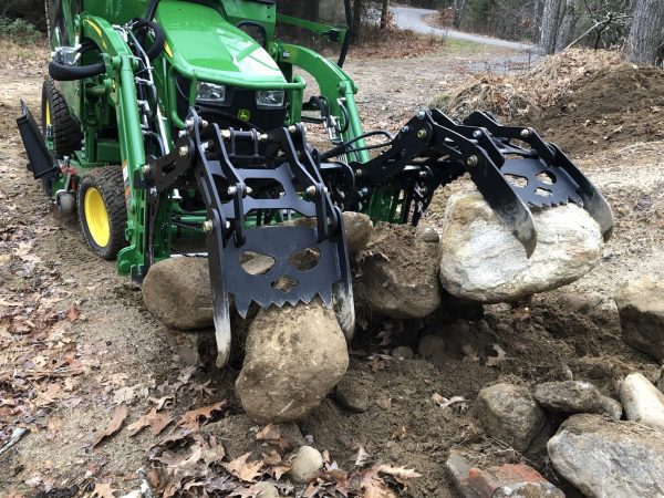 3000 Lb. John Deere Quick Attach Frame with 2 Iron Fist Sectional Grapples and 1 Rake