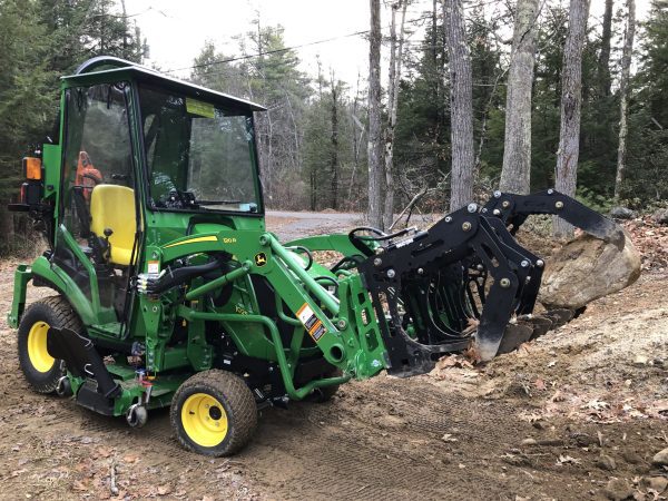 3000 Lb. John Deere Quick Attach Frame with 2 Iron Fist Sectional Grapples and 1 Rake