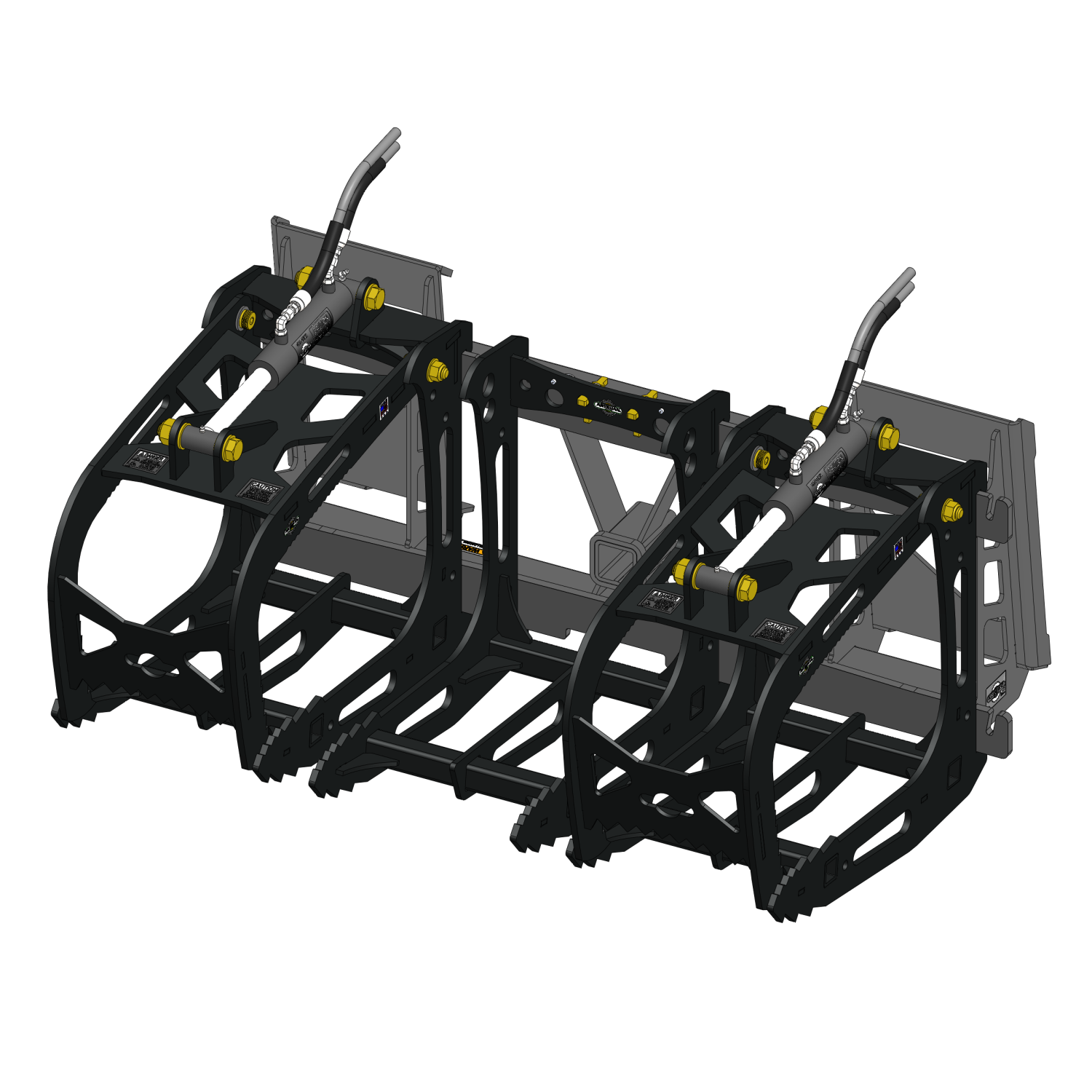 3000 Lb. Skid Steer Quick Attach Frame with 2 Original Sectional Grapples and 1 Rake